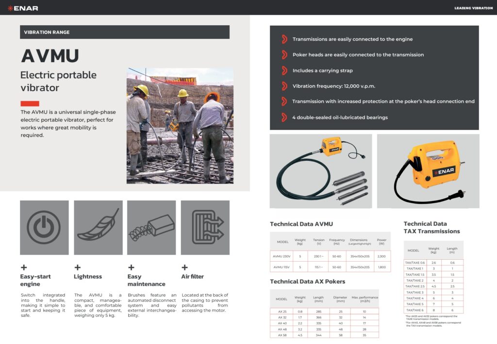 Karta katalogowa wibratora do betonu Enar AVMU
