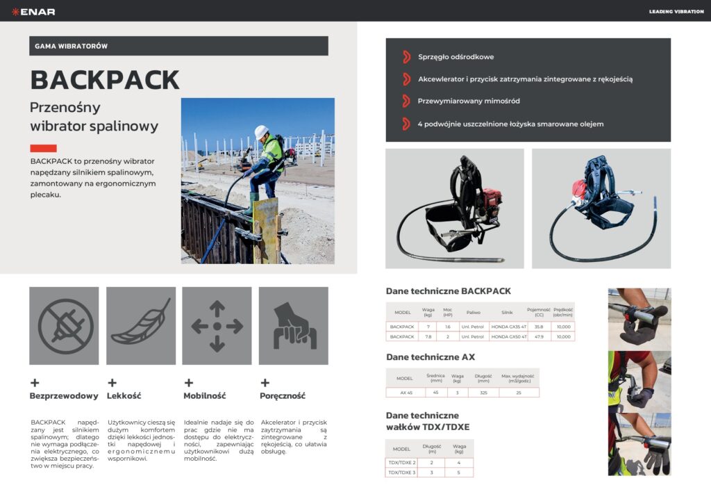 Karta katalogowa wibratora do betonu Enar Back Pack