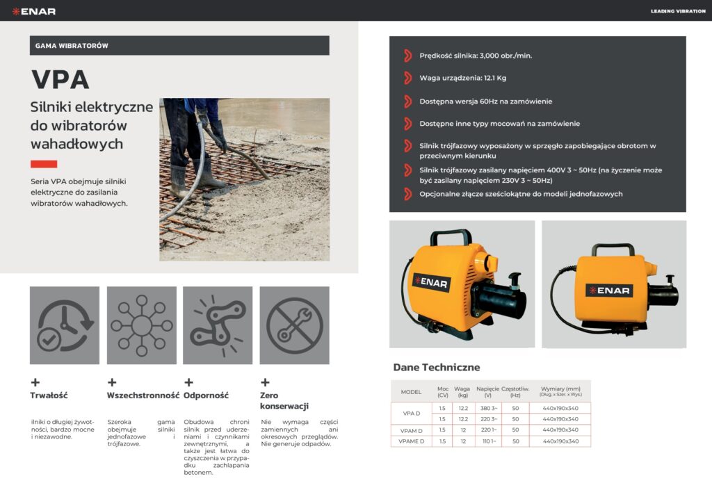 Karta katalogowa wibratora do betonu Enar VPA
