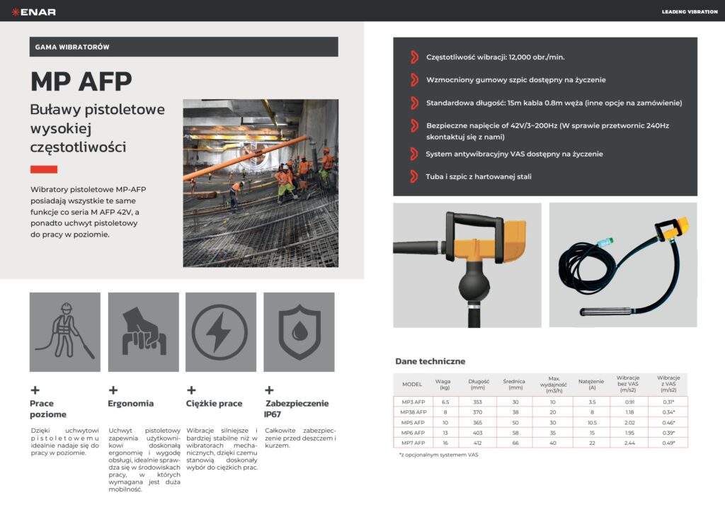 Karta katalogowa wibratorów do betonu Enar MP AFP