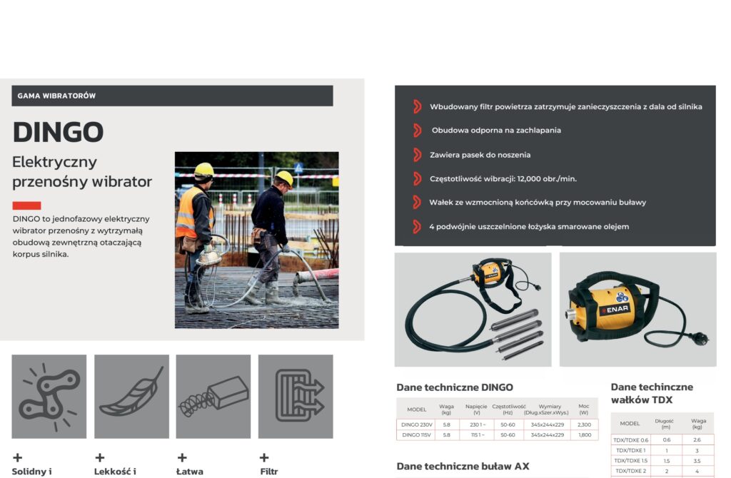 Karta katalogowa wibratora do betonu Enar Dingo