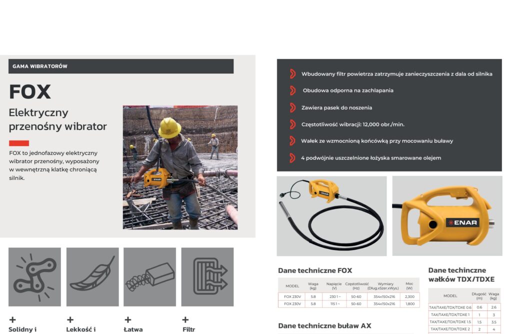 Karta katalogowa wibratora do betonu Enar Fox