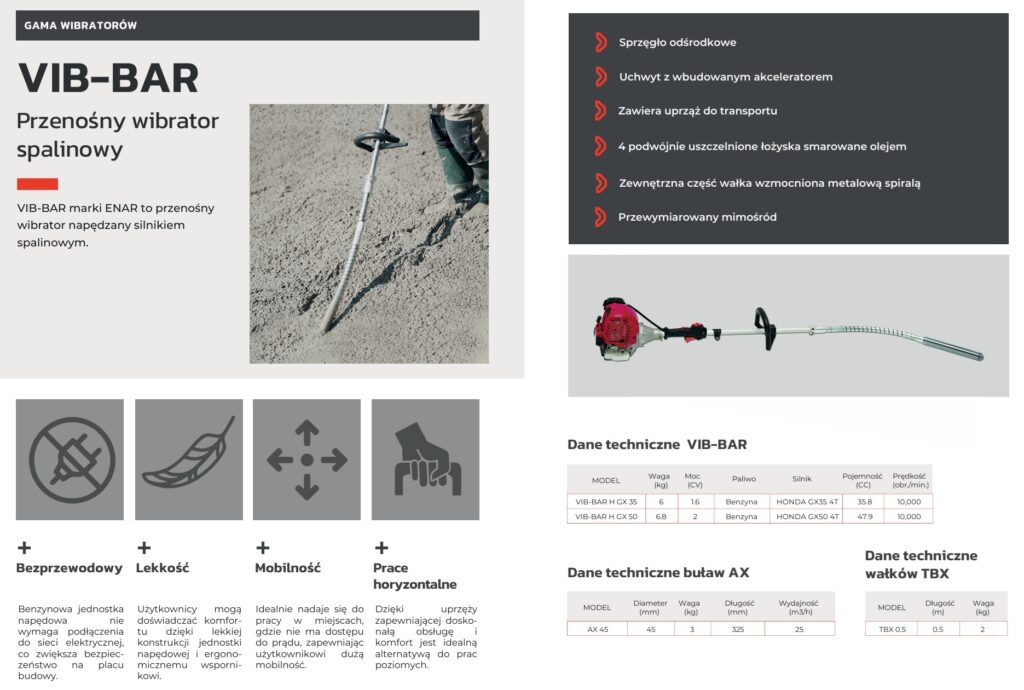 Karta katologowa wibratora do betonu Enar VIB-BAR