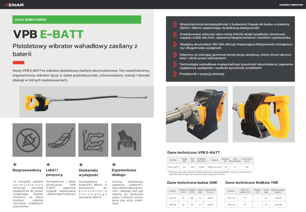 Karta katalogowa wibratora na baterie Enar VPB E-Batt