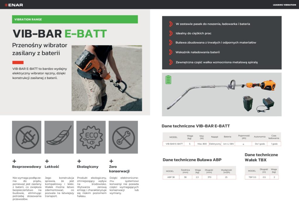 Karta katalogowa wibratora do betonu Enar Vib-Bar E-Batt